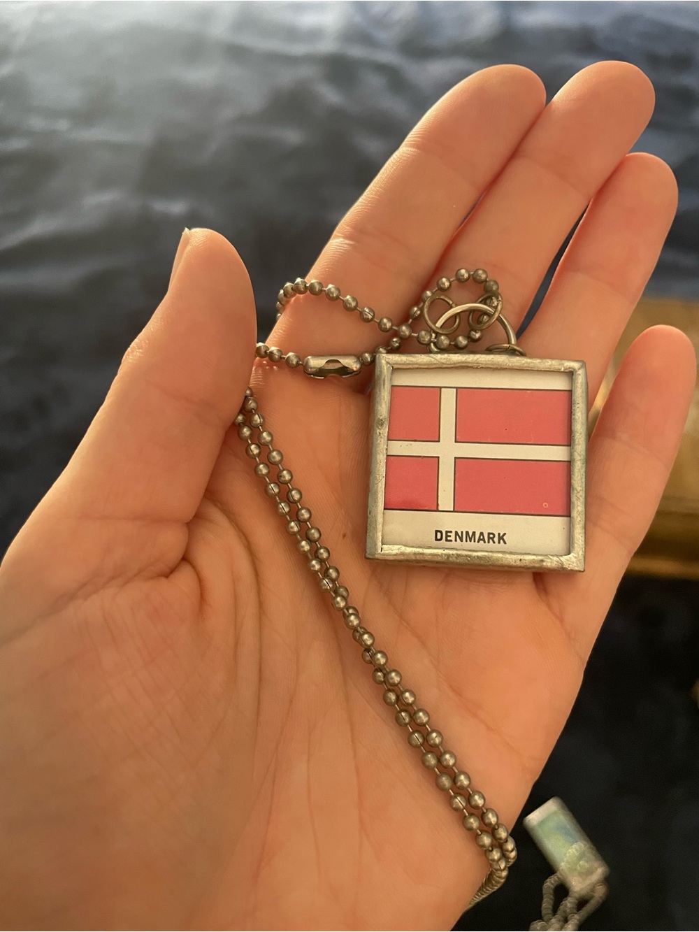 Denmark Flag Pendant Necklace - Silver Tone with Red and White Enamel